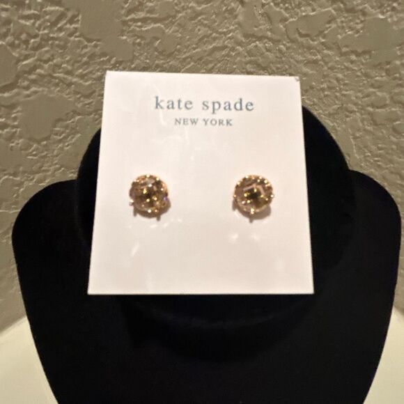 Kate Spade Pink Rhinestone Stud Earrings Gold Tone Spade Back New - Picture 1 of 7